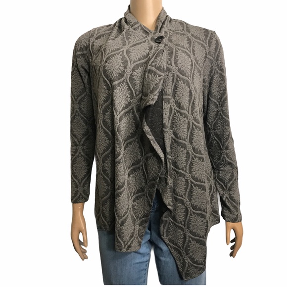 Bobeau Draped Cardigan Cascading One Button Closure gray black Print size S - Picture 8 of 16